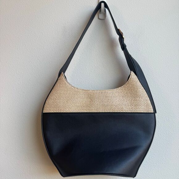 By Anthropologie Black Raffia Mixed Media Bucket Tote Medium Shoulder Bag - Picture 2 of 11